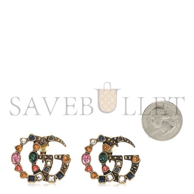 GUCCI CRYSTAL DOUBLE G CLIP ON EARRINGS AGED GOLD MULTICOLOR 